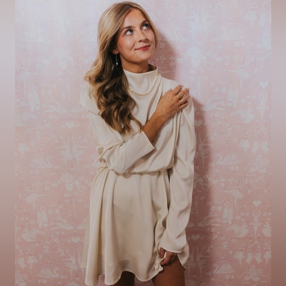 Dresses & Skirts - Cream Long Sleeve mock neck satin Dress